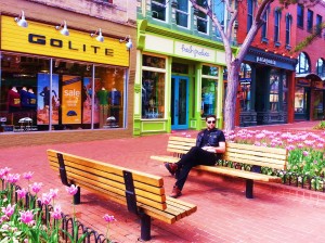 Paul wearing his GoLite vest in front of the GoLite store in Boulder, CO